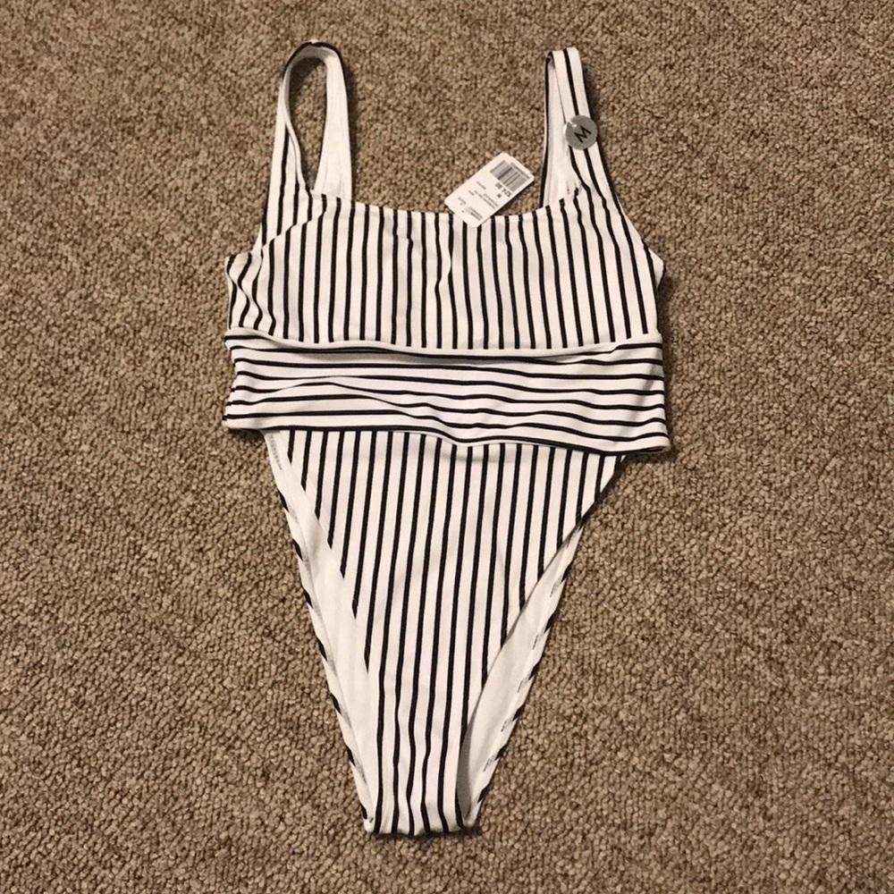 One Piece Black/White Stripe Swimsuit